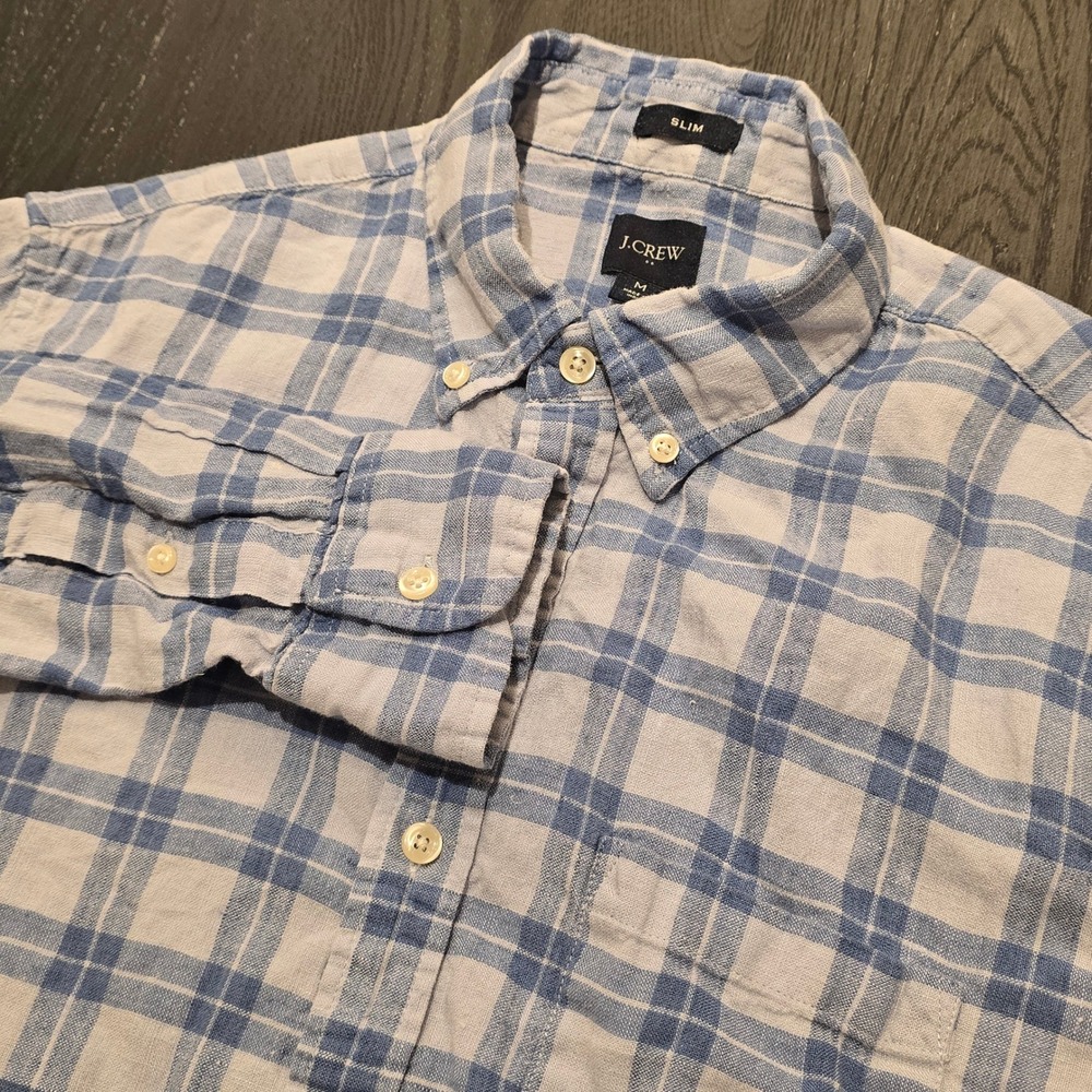 J.Crew Mens Slim Fit Linen Cotton Plaid Button Down Shirt Blue White Medium